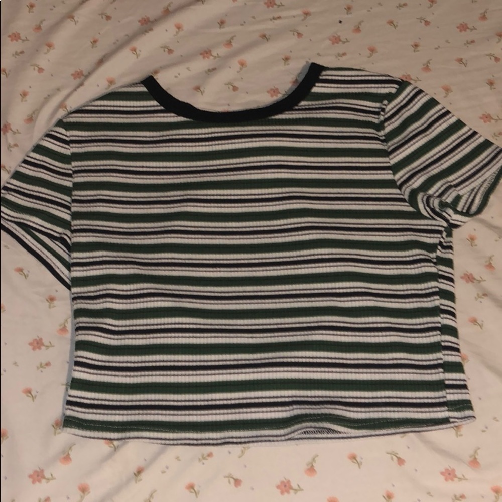 green, white, and black striped crop top